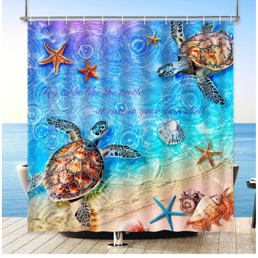 Teal Blue Shower Curtain, Nautical Ocean 72"W x 72"L (Pack of 1) Sea Turtle